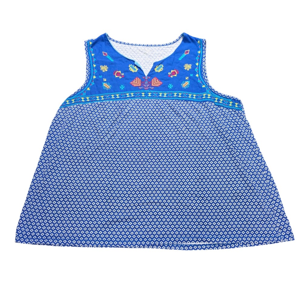 Kim Rogers Embroidered Tank Top Woman's Size 2X Blue Geometric Boho Split Neck